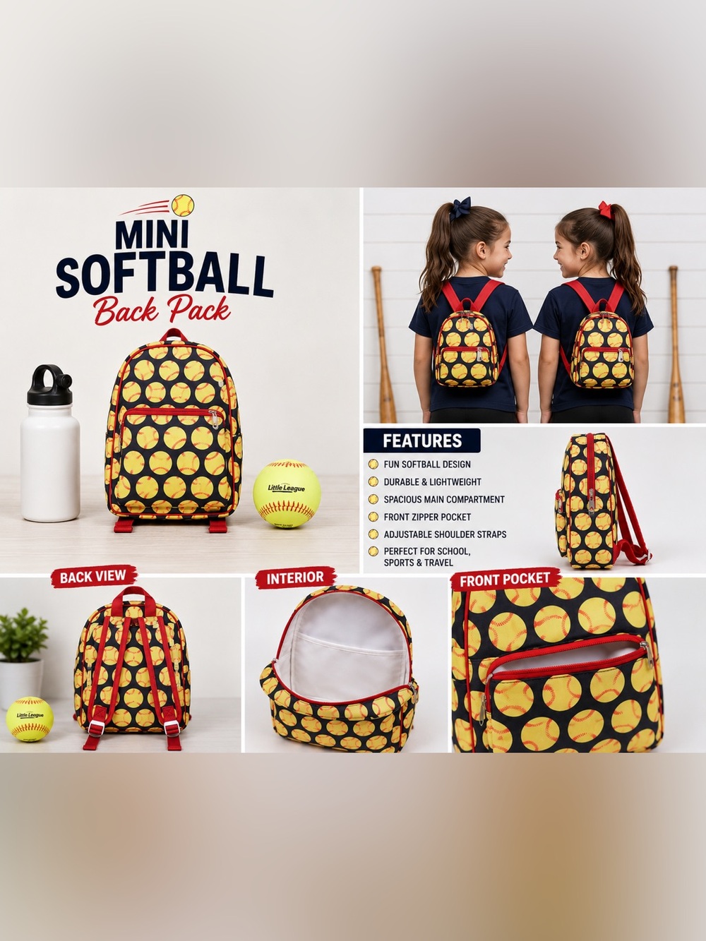 Softball Print Mini Backpack - Yellow/Red